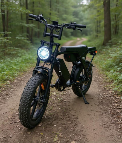 Black electric bike on a forest path